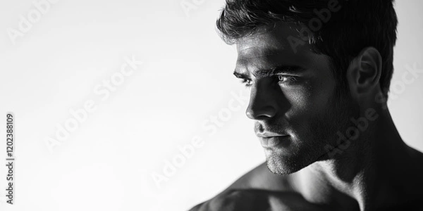 Fototapeta Men beauty concept. Close-up portrait of handsome bearded bodybuilder in good physique shape, posing on white background. Text space. Banner style. Monochrome studio shot