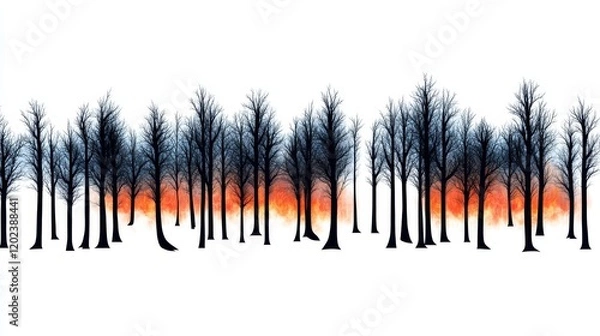 Fototapeta Burning Forest Silhouette - Silhouette of leafless trees against a fiery orange and red background, suggesting a wildfire or autumnal scene.