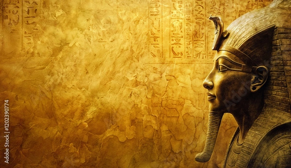 Fototapeta An Ancient Egypt texture wallpaper background with golden yellow hues, copyspace. side view of pharaoh	
