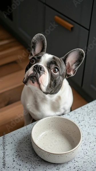 Fototapeta French bulldog sitting near a bowl and asking for food