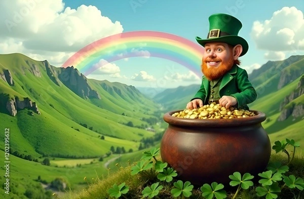 Fototapeta Cheerful leprechaun with a pot of gold coins on the green grass of a high mountain, St. Patrick's Day

