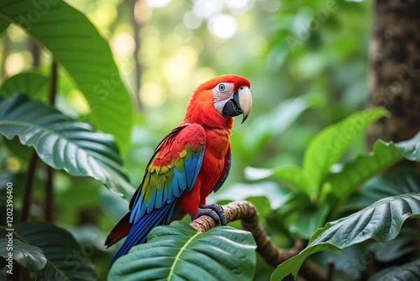 Fototapeta Exotic parrot perched on a branch amidst lush greenery in a vibrant rainforest, symbolizing wildlife conservation.