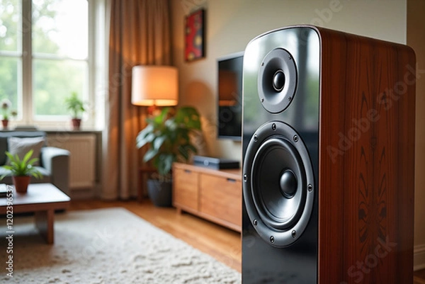 Obraz Premium audio speaker showcased in a modern living room with warm wood tones, representing the fusion of luxury and technology.