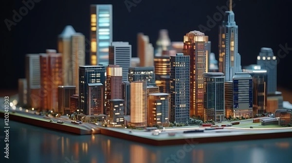 Fototapeta A futuristic miniature of a lively business district with detailed buildings.