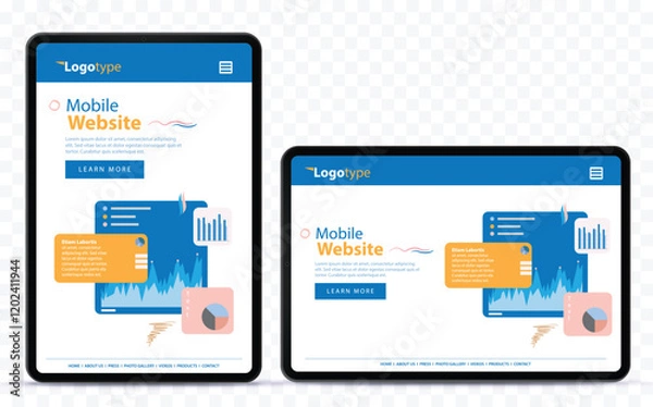 Fototapeta Mobile Web Design Template on Vertical and Horizontal Tablet Computer Screen. Tablet PC vector mockup with transparent background.