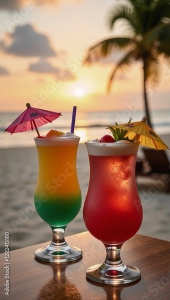 Fototapeta Colorful cocktails with umbrellas and garnishes served on a beachside bar during sunset