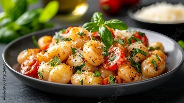 Fototapeta Delicious Gnocchi with Cherry Tomatoes and Basil