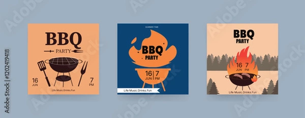 Fototapeta Set of BBQ Invitation Banner, barbeque invitation, Barbecue Square banner. Retro Style.