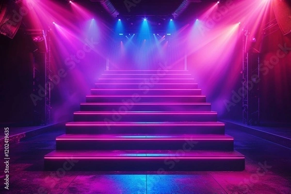 Fototapeta Colorful stage lighting setup featuring bright spotlights shining onto an empty platform.