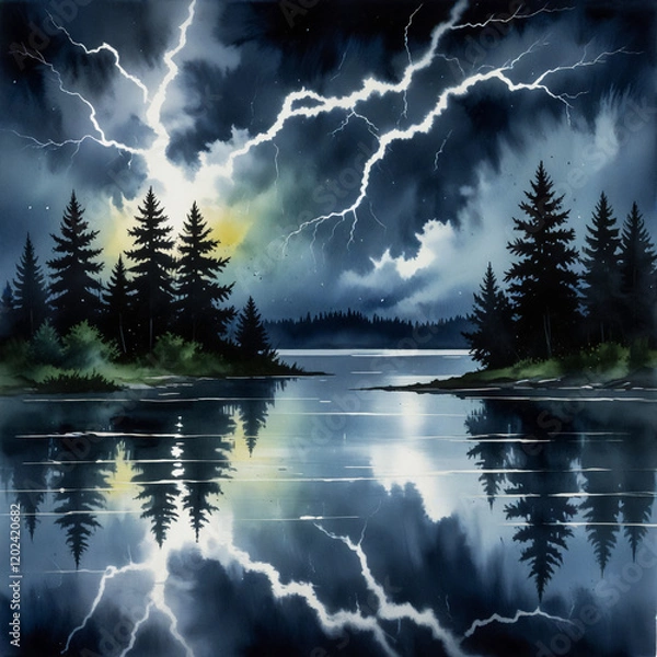 Fototapeta watercolor Illustration of a lightning storm illuminating the night sky above a lake. Show bolts of lightning splitting the clouds