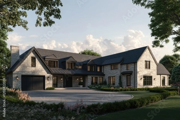 Fototapeta Elegant stone house in a serene landscape captured during golden hour with soft lighting enhancing architectural details