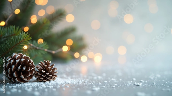 Fototapeta A Blurred Background of Christmas Tree Lights and Pine Cones on the Side With Space for Text on a Light Background