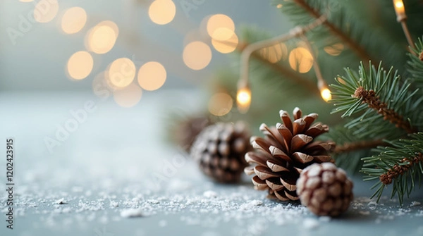 Fototapeta A Blurred Background of Christmas Tree Lights and Pine Cones on the Side With Space for Text on a Light Background