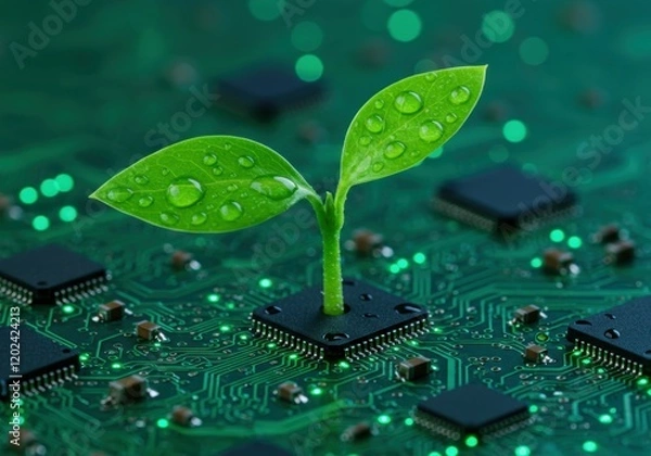 Fototapeta Green sprout, circuit board, water droplets, technology and nature fusion, eco-friendly innovation, microchip plant, digital growth, sustainable tech, electronic seedling, green computing, bio-inspire