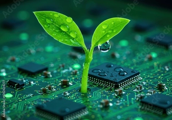 Fototapeta Green sprout, circuit board, water droplets, technology and nature fusion, eco-friendly innovation, microchip plant, digital growth, sustainable tech, electronic seedling, green computing, bio-inspire