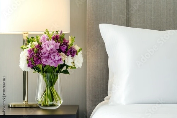 Fototapeta A small vase of fresh flowers placed in a serene hotel room