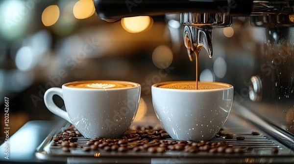Fototapeta Espresso pouring into cups with latte art in cafe with bokeh background
