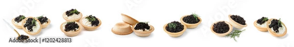 Fototapeta Set of tartlets with black caviar on white background
