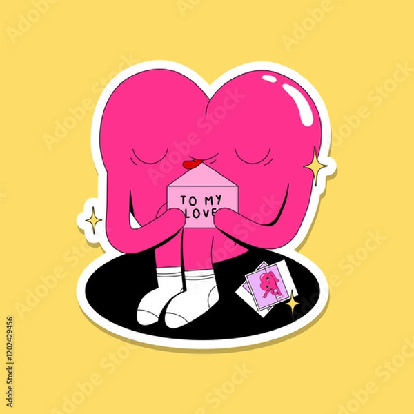 Fototapeta Cute funny Valentine's Day illustrations bundle. Vector sticker pack with lovely pink heart in love. Love letter. Trendy character send a postcard. Bright colorful character design. Cheerful mascot.