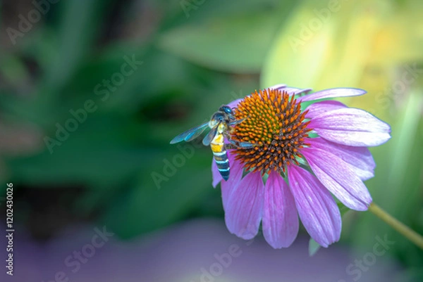 Fototapeta Apis dorsata, also known as the rock bee or giant honey bee looking for honey in purple coneflowers in a flower garden