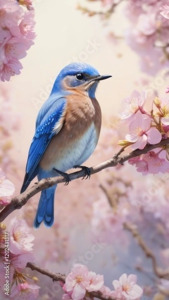 Fototapeta A beautiful blue and white bird is sitting on a branch of a pink tree. The bird is perched on a thin branch, and its blue feathers contrast nicely with the pink blossoms of the tree