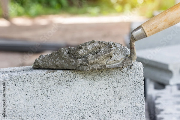 Obraz Cement or mortar, Cement mix with a trowel put on the brick for construction work.