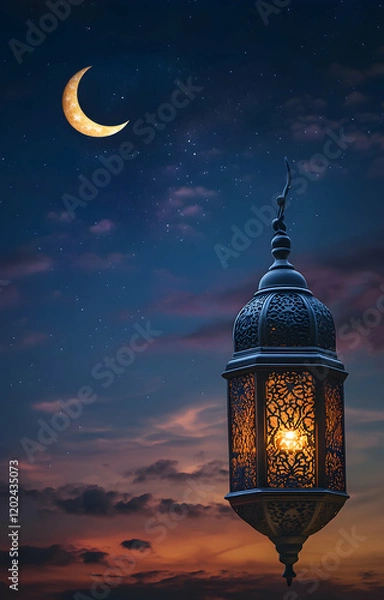 Fototapeta Ramadan Nightscape: Illuminated Lantern Under Crescent Moon and Starry Sky