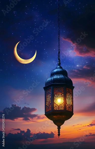 Fototapeta Ramadan Lantern and Crescent Moon Under a Starlit Night Sky