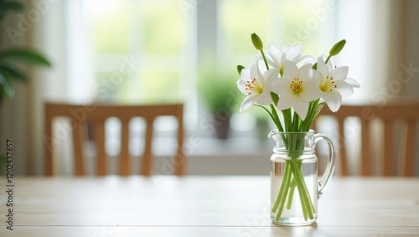 Fototapeta A Glass Pitcher with White Flowers