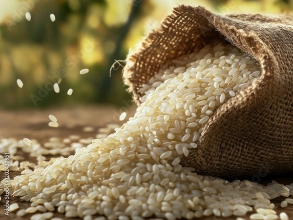 Fototapeta Rice grains pouring from a bag. Featuring white rice grains spilling from a burlap sack. Highlighting abundance and agriculture. Ideal for food and agricultural visuals.