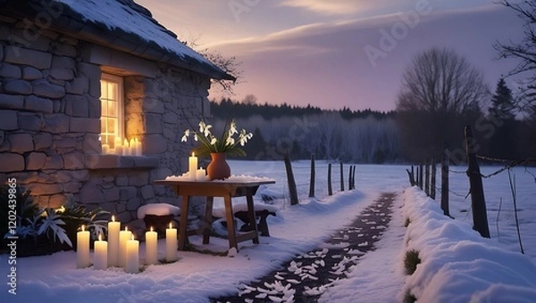 Fototapeta Imbolc altar in nature with glowing fire, snow, and early blooms.

