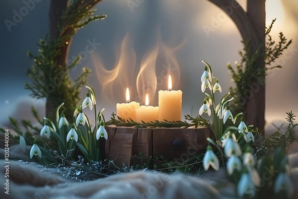 Fototapeta Imbolc-themed celebration with candles, snowdrops, and warm glowing light.

