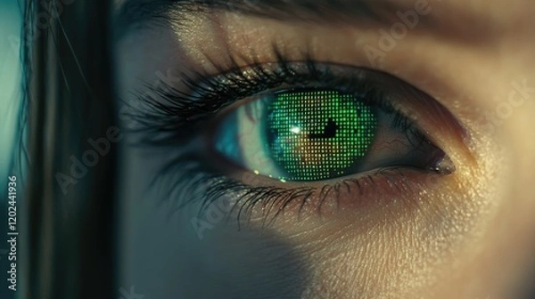 Fototapeta Close up of a woman's eye with digital green matrix coding. Data hacker concept