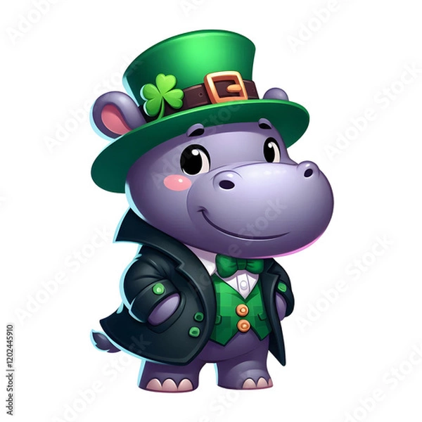 Fototapeta Cartoon-style illustration of a cute hippo dressed as a leprechaun for St. Patrick's Day, wearing a hat and coat, isolated on transparent background