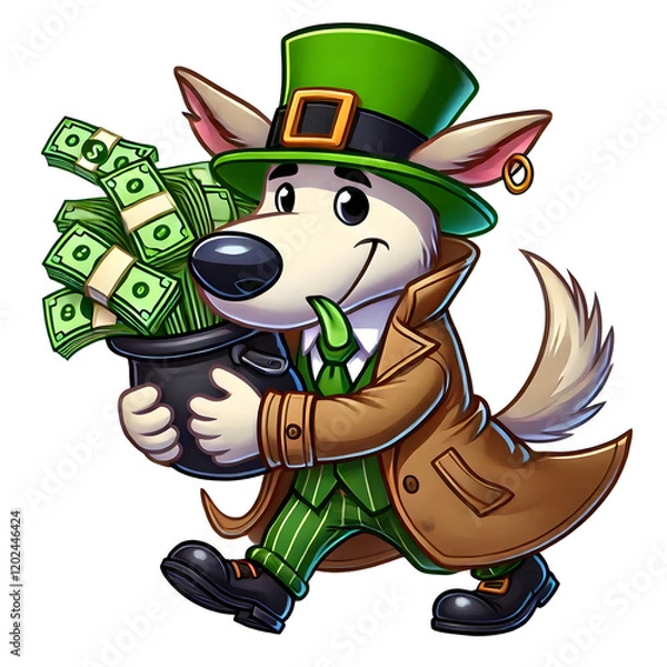 Fototapeta Cartoon-style illustration of a Dod dressed as a leprechaun for St. Patrick's Day, wearing a hat and coat, carrying cash in his mouth isolated on transparent background