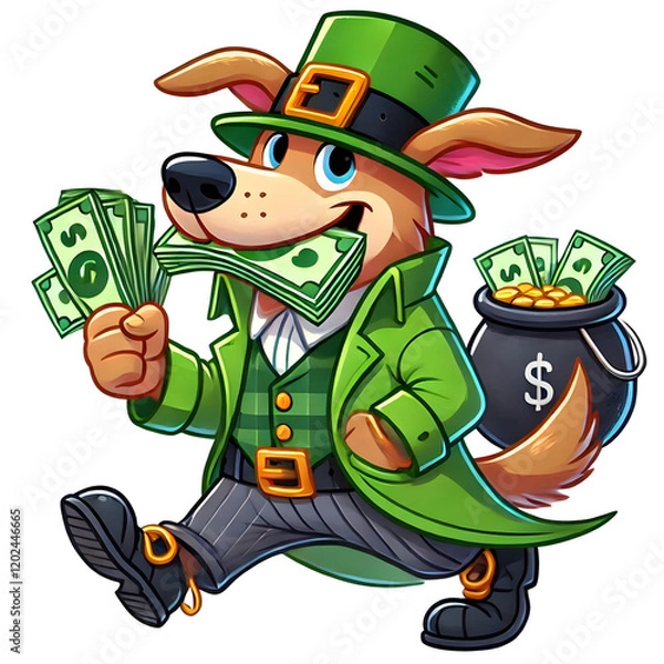 Fototapeta Cartoon-style illustration of a Dod dressed as a leprechaun for St. Patrick's Day, wearing a hat and coat, carrying cash in his mouth isolated on transparent background