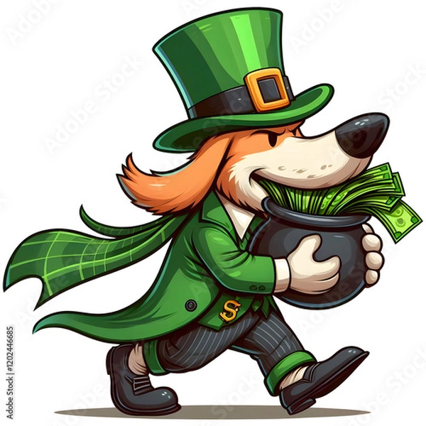 Fototapeta Cartoon-style illustration of a Dod dressed as a leprechaun for St. Patrick's Day, wearing a hat and coat, carrying cash in his mouth isolated on transparent background