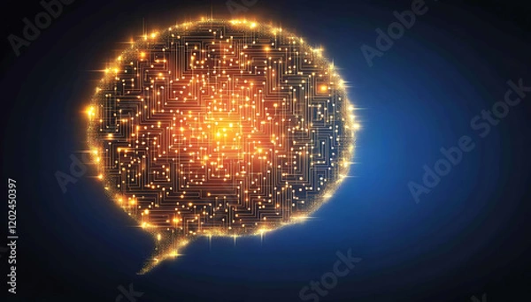 Fototapeta Stunning abstract image of a glowing speech bubble formed from intricate circuitry. Perfect for illustrating digital communication, AI, technology, and innovation concepts.