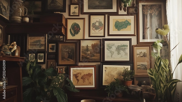 Fototapeta Eclectic gallery wall with maps and vintage art in a rustic room with plants
