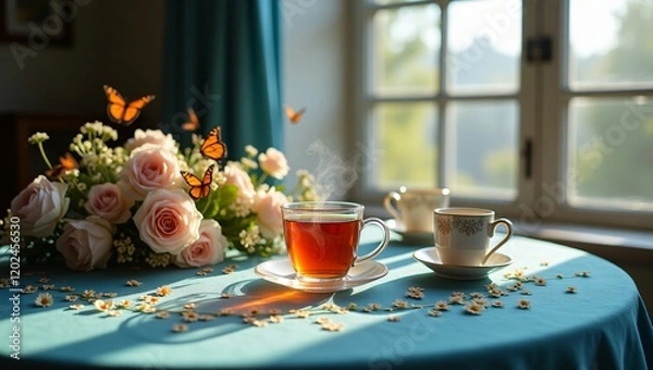 Fototapeta Tea, Flowers, and Magic in a Romantic Setting