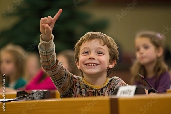 Fototapeta Joyful child raises hand eagerly, showcasing excitement and curi