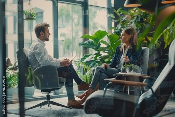 Fototapeta Two business professionals engaging in a collaborative conversation seated in a modern office surrounded by lush indoor plants