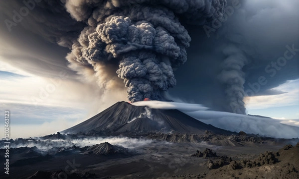 Fototapeta   Awe-inspiring landscape featuring a volcanic eruption with dense ash and smoke clouds, intricate details on volcanic debris and textured fog, creating a dramatic lighting effect.