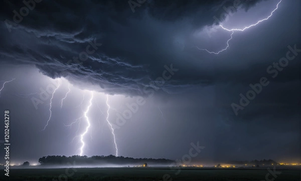 Fototapeta   A foreboding and atmospheric scene of a stormy night with vivid lightning illuminating a dense grey fog.