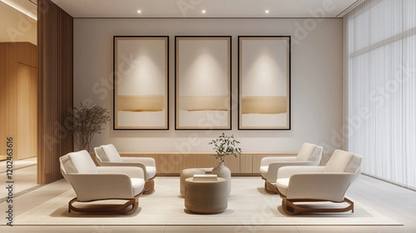 Fototapeta Modern lounge area with white armchairs and abstract triptych artwork
