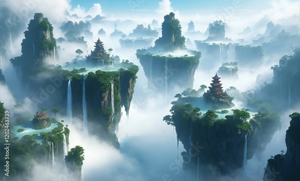 Fototapeta   A breathtaking panorama of floating islands enveloped in a veil of white fog, waterfalls plunging into the mist. Vivid details on islands and fog textures bring this fantasy scene to life.