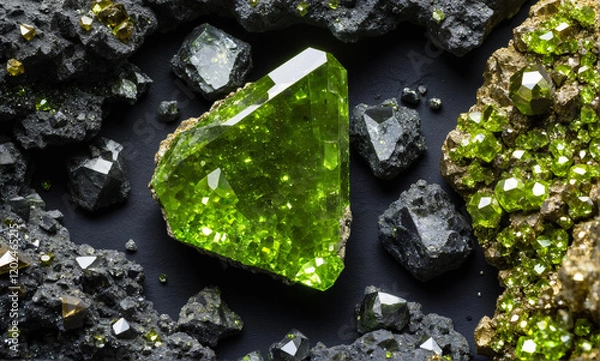 Fototapeta   A stunning close-up of a meteorite fragment showcasing intricate peridot crystals, with detailed textures of the meteorite and crystals captured in a macro photograph.