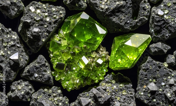 Fototapeta   A stunning close-up of a meteorite fragment showcasing intricate peridot crystals, with detailed textures of the meteorite and crystals captured in a macro photograph.