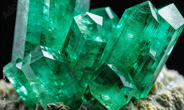 Fototapeta   A vivid 8k photo of an unpolished emerald crystal, revealing its intricate hexagonal structure and rich textures.