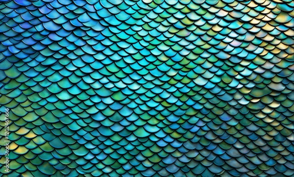 Fototapeta   This prompt describes a seamless texture of fish or reptile scales with an emphasis on their overlapping nature, iridescence, high detail, and ultra-high resolution (8k).